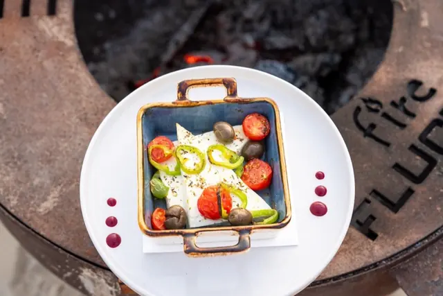 Baked White Cheese with Pomodorini and Olives